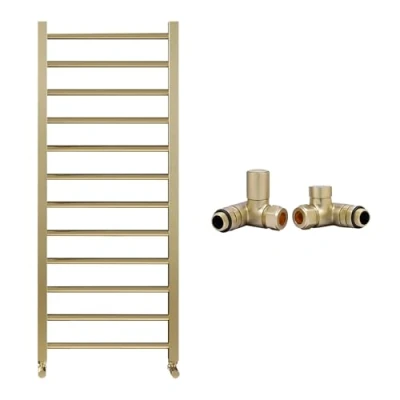 Image of Brushed Brass Bathroom Straight Heated Towel Rail Radiator 500 x 800 &amp; Dual Fuel Manual Valves
