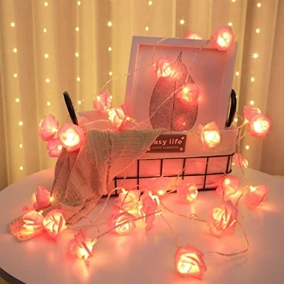 Image of Runaup Rose Flower String Lights, 20 LED Warm White Battery Powered Pink Fairy Lights for Birthday Party Wedding Festival