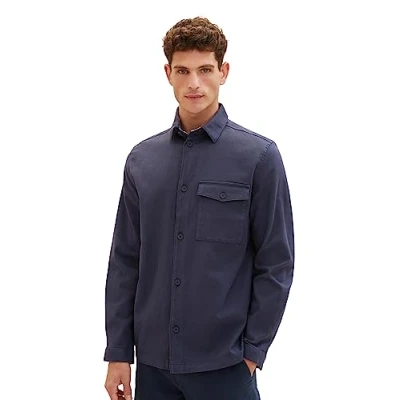 Image of TOM TAILOR Men&#039;s 1037439 Dobby Overshirt Shirt with High Stretch, 32374 navy Zig zag Structure, XL