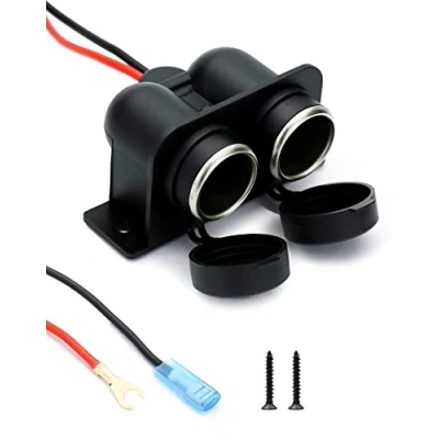 Image of QWORK® Car Cigarette Lighter Socket 12V DC Waterproof Dustproof with 60cm Cable and 10A Fuse for Marine Boat Motorbike (Double Port)