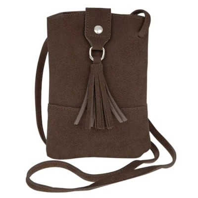 Image of Equilibrium Cross Body Long Strap with Tassel Bag Dark Brown Tan