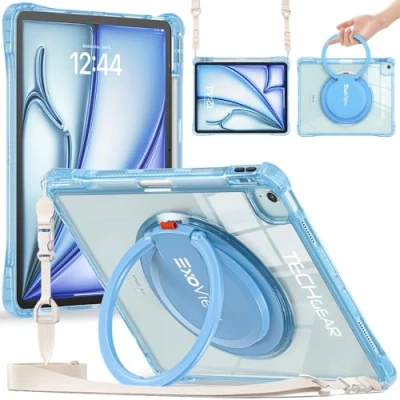 Image of TECHGEAR ExoView Case for Apple iPad Air 13&quot; 2024 (M2), Pro 12.9&quot; 2022 2021 6th / 5th Generation Tough Rugged HEAVY DUTY Slim Clear Stand Case, 360 Ring Grip Hand Holder, Shoulder Strap Blue