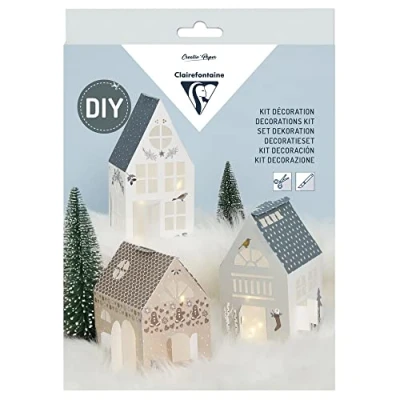 Image of Clairefontaine 97711C Complete Creative Kit for Adults 3 Light up Paper Houses with Christmas Decorations Step by Included Decoration Hobbies, DIY, Manual Activities