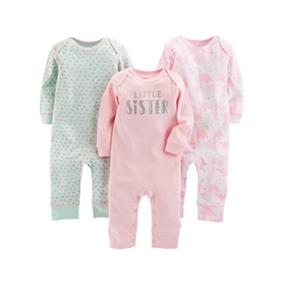 Image of Simple Joys by Carter&#039;s Baby Girls&#039; 3 Pack Jumpsuits Rompers, Mint Green Fruit/Pink/White Dinosaur, 0 Months (Pack of 3)
