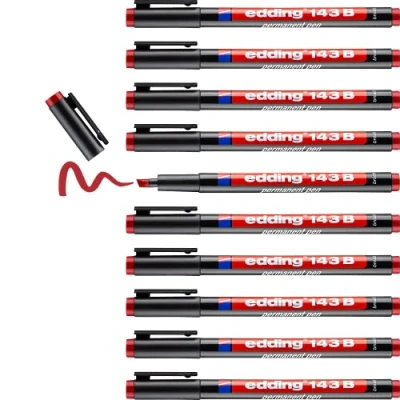 Image of edding 143 B permanent pen red 10 pens chisel nib 1 3 mm for writing on glass, plastic, foils and smooth surfaces permanent, quick drying, smudge proof waterproof