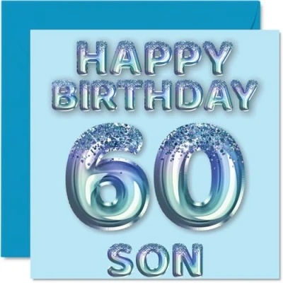Image of 60th Birthday Card for Son Blue Glitter Party Balloons Happy Cards 60 Year Old from Mum Dad Parents, 145mm x Bday Greeting Gift