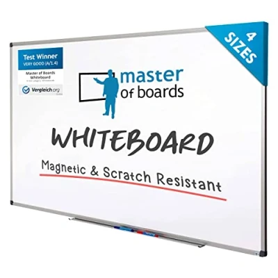 Image of Master of Boards Professional Magnetic Whiteboard (110 x 80 cm) Drywipe Magnet Board, Scratch Resistant Market Office Memo Board with Aluminium Frame and Storage Tray