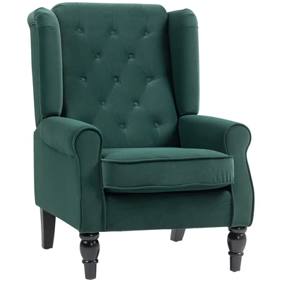 Image of HOMCOM Retro Accent Chair, Velvet Wingback Armchair with Wood Frame Button Tufted Design for Living Room Bedroom, Green