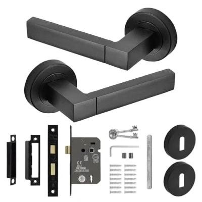 Image of Decoranddecor Lumina Internal Square Door Handles Lever On 54mm Rose Aluminium Matt Black Sash Lock Kit