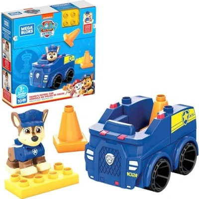 Image of Mega Bloks PAW Patrol Chase&#039;s Police Car Building Set Includes Posable Chase Figure Magnetic Blocks Stackable Pylons Gift for Kids 3+