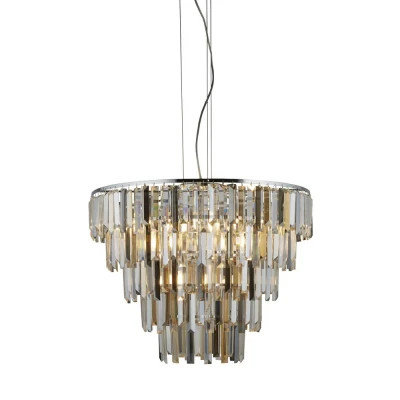 Image of Clarissa 9 Light Chrome Ceiling Pendant with Amber, Smokey Crystal Prism Drops