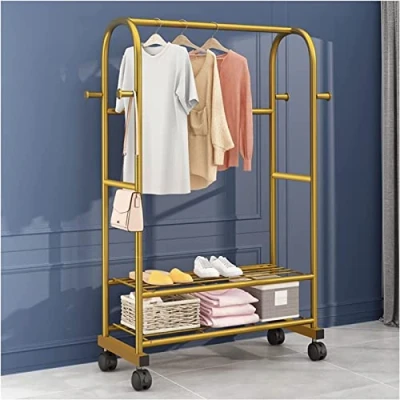 Image of Mixfom Clothing Garment Rack with 2 Shelves, Free Standing Coat Stand on Wheel Clothes Rail 4 Hooks for Bedroom and Dressing, Metal Frame (Color : Gold)