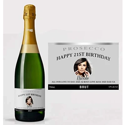 Image of Personalised Silver Champagne Photo Bottle Label Custom Any Wording