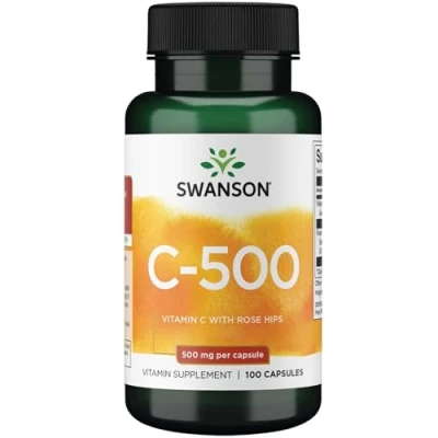 Image of Swanson, C 500, Vitamin (Ascorbic Acid), 500mg, with Rose Hip, 100 Capsules, High Dose, SOYA Free, Gluten GMO Free