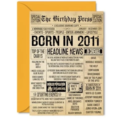 Image of 14th Birthday Card for Girls Boys Bday Press Newspaper 2011 Happy 14 Cards Granddaughter Nephew Son Niece Daughter Brother, 5x7 Inch Greeting