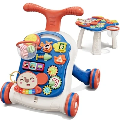Image of QDRAGON 3 in 1 Baby Walkers for Boys, Push Walker and Activity Center, Sit to Stand Toy, Early Learning Toys Infant Toddler 12+ Months Blue