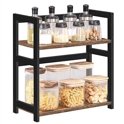 Image of SONGMICS Spice Rack OFS046B01, 2 Tier Storage Rack, Desktop Organiser, Bamboo Frame, for Kitchens, Dining Rooms, Offices, Rustic Brown and Black