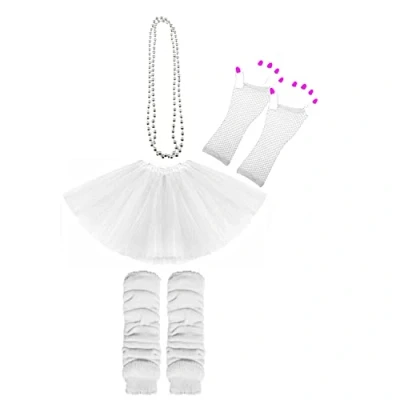 Image of Lizzy Neon Colour Leg Warmers + Fishnet Gloves 3Layer Tutu Beads Necklace 80s Teen Fancy Dress Dance ware Hen Party Accessory (White, Ladies)