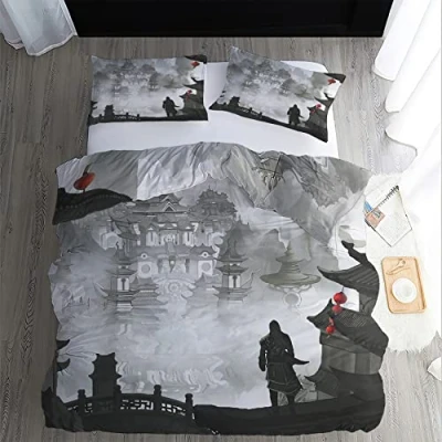 Image of WQIZXCW Japanese Bedding Double Duvet Cover Set 3Pcs, Samurai Asian Style Brushed Microfibre Patterned Quilt with Zip and 2 Pillowcases, Ultra Soft &amp; Easy Care