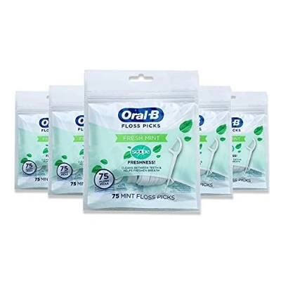 Image of Oral B Fresh Mint Floss Picks with Scope Freshness, Shred Resistant, 75 Count (Pack of 5)