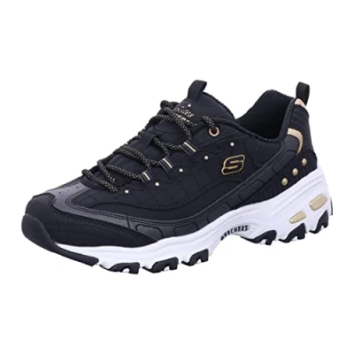 Image of Skechers Sport D&#039;LITES Trainers, Women&#039;s, Size: 9, Black duraleather gold trim Leather and textile