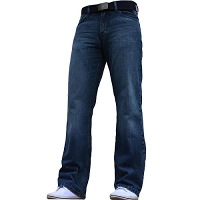 Image of BNWT New Mens Wide Leg Bootcut Flared Blue Heavy Denim Jeans All Waist &amp; Sizes Dark 32W X 32L