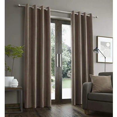 Image of Catherine Lansfield Faux Suede 66x54 Inch Lined Eyelet Curtains Two Panels Mink Natural