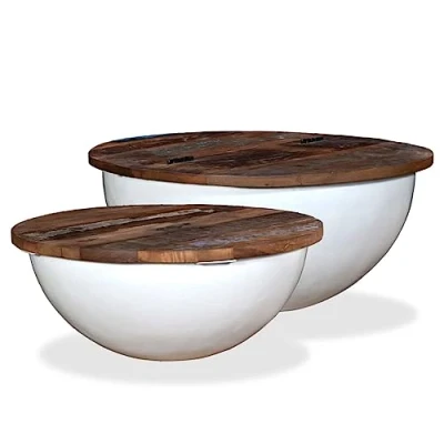 Image of vidaXL Coffee Table Set of 2 Round, Industrial Style Solid Reclaimed Wood White Bowl Shape Tables Built in Storage, No Assembly Required