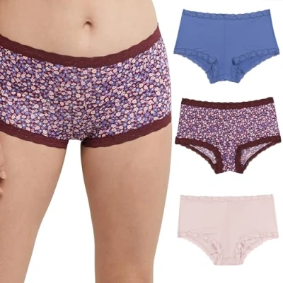 Image of Maidenform Women&#039;s Underwear, Microfiber with Lace Boyshort Panties, One Fab Fit, 3 Pack Boy Short, Stone Blue/Cola Ditsy Print/Gloss, S (Pack of 3)