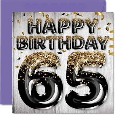 Image of 65th Birthday Card for Men Black &amp; Gold Glitter Balloons Happy Cards 65 Year Old Man Dad Grandad Grandpa Gran Uncle, 145mm x Sixty Five Fifth Bday Greeting Gift