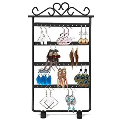 Image of Monsully 4 Tiers Black Metal Earring Organiser, Rotating Jewellery Display Stand Holder, a Total of 48 Storage Holes, Holder Jewelry Organizer, for Earrings, Necklaces, Bracelets and Rings
