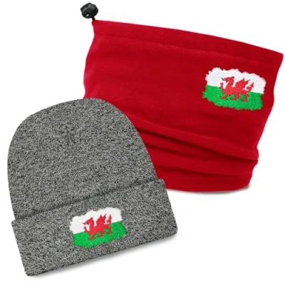 Image of TeddyT&#039;s Wales Flag Embroidered Luxury Soft Rib Grey Beanie Hat and Red Snood Scarf