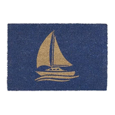 Image of Relaxdays Coconut Doormat with Sailing Motif, Door Mat Outside and Inside, Maritime Mat, W x D: 60 40 cm, Blue/Natural 10035499 1 Piece