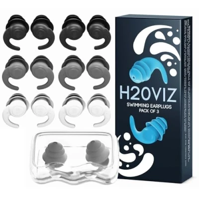 Image of H20VIZ Pro Swim Ear Plugs 6 Pairs Waterproof, Reusable Silicone Earplugs for Swimming, Surfing, Snorkeling &amp; All Water Sports Black, White, Grey