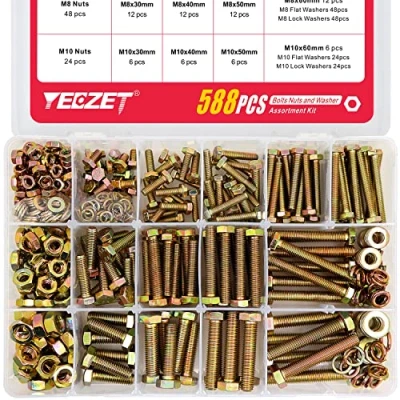Image of YEEZET 588PCS M6 M8 M10 Grade 8.8 Heavy Duty Bolts and Nuts Flat &amp; Lock Washers Assortment Kit Includes 13 Most Common Sizes