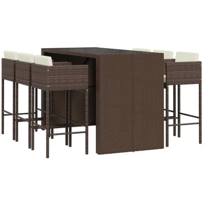 Image of vidaXL Garden Bar Set 7 Piece, Table with Cushions, Outdoor and Chairs for Patio Terrace, Bistro Stool, Brown Poly Rattan