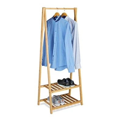 Image of Relaxdays Bamboo Clothes Stand, 2 Shelves, Garment Rails, Hxwxd: 150 x 60 40 cm, Portable Wardrobe, Small, Natural Brown,