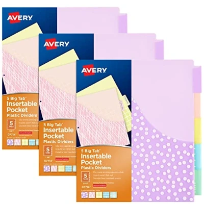 Image of Avery Big Tab Insertable Pocket Dividers for 3 Ring Binders, 5 Set, Assorted Designs, Sets (11255)