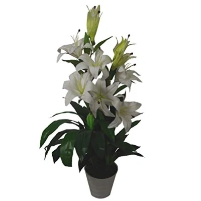 Image of Leaf Large Artificial Stargazer Style Lily Plant, White, 90cm
