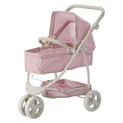 Image of Olivia&#039;s Little World Pink Polka Dot Dolls Pram Stroller Pushchair For Baby Toy With Multiposition Seat &amp; Storage UK OL 00009