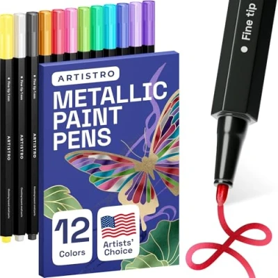 Image of ARTISTRO 12 Metallic Markers with Fine Tip, Acrylic Paint Markers, Pens Pre Activated, for Kids &amp; Adults, Black Paper, Rocks