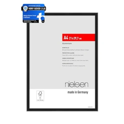 Image of nielsen Atlanta Photo Frame A4, 21x29.7cm Aluminium Picture Frame, Black with Protective Acrylic Glazing and Push Turn Clips Frosted