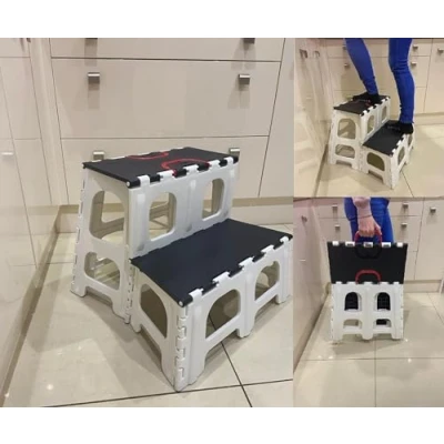 Image of Two Step Folding Stool Non Slip Feet Fold Away Collapsible Ladder Supports 330lbs Sturdy Black White