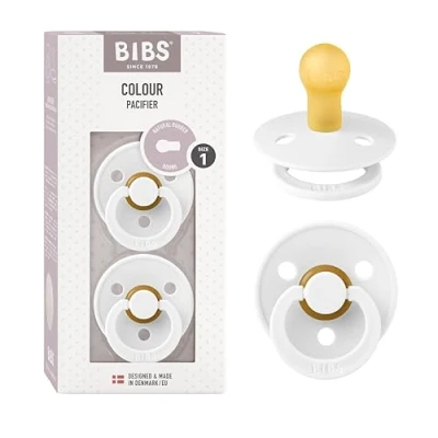 Image of BIBS Colour Soother 2 Pack, BPA Free Dummy Pacifier, Round Nipple. Natural Rubber Latex, Made in Denmark, Size 1 (0 6 Months), White
