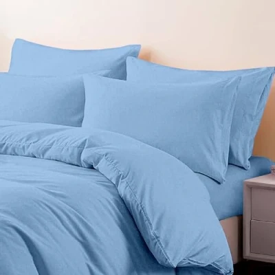 Image of 4 Piece 100% Brushed Cotton Flannelette Duvet Cover Set with Fitted Sheet &amp; Pillow Cases, Soft Warm Double Size Quilt Thermal Flannel Bedding Sets (Sky Blue, Double)