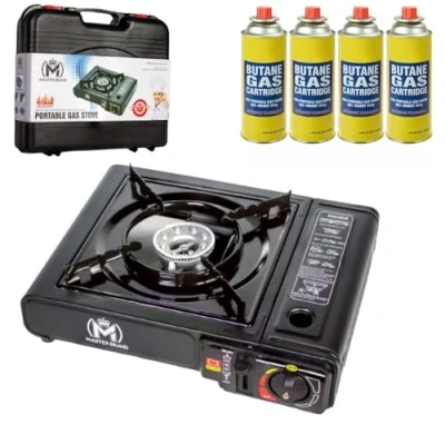Image of Portable Gas Cooker Stove with 4 Butane Canisters and Carry Case, Lightweight, Compact Outdoor Camping Stove, Premium Burner, Automatic Ignition (pack of 4)