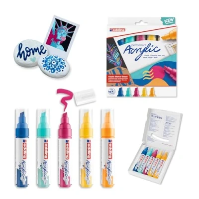 Image of edding 5000 acrylic marker broad multi coloured paint markers 5 pack (abstract) 10mm chisel nib for painting on canvas, wood waterproof