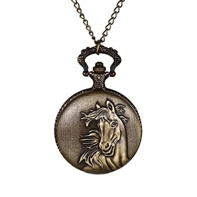 Image of JewelryWe Vintage Pocket Watch Antique Horse Locket Pendant Necklace Quartz with Chain