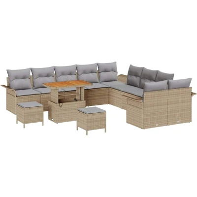 Image of vidaXL 13 Piece Garden Sofa Set with Cushions Beige Poly Rattan Acacia