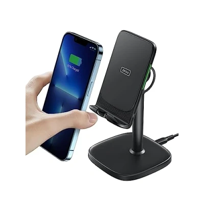 Image of INIU Ergonomic Wireless Charger Stand with Adjustable Viewing Angles, 15W Fast Charging Dock Qi Certified Phone for Pixel 7a 6 Samsung Galaxy S24 S21 S10 iPhone 15 14 13 12 11 Pro/SE LG.
